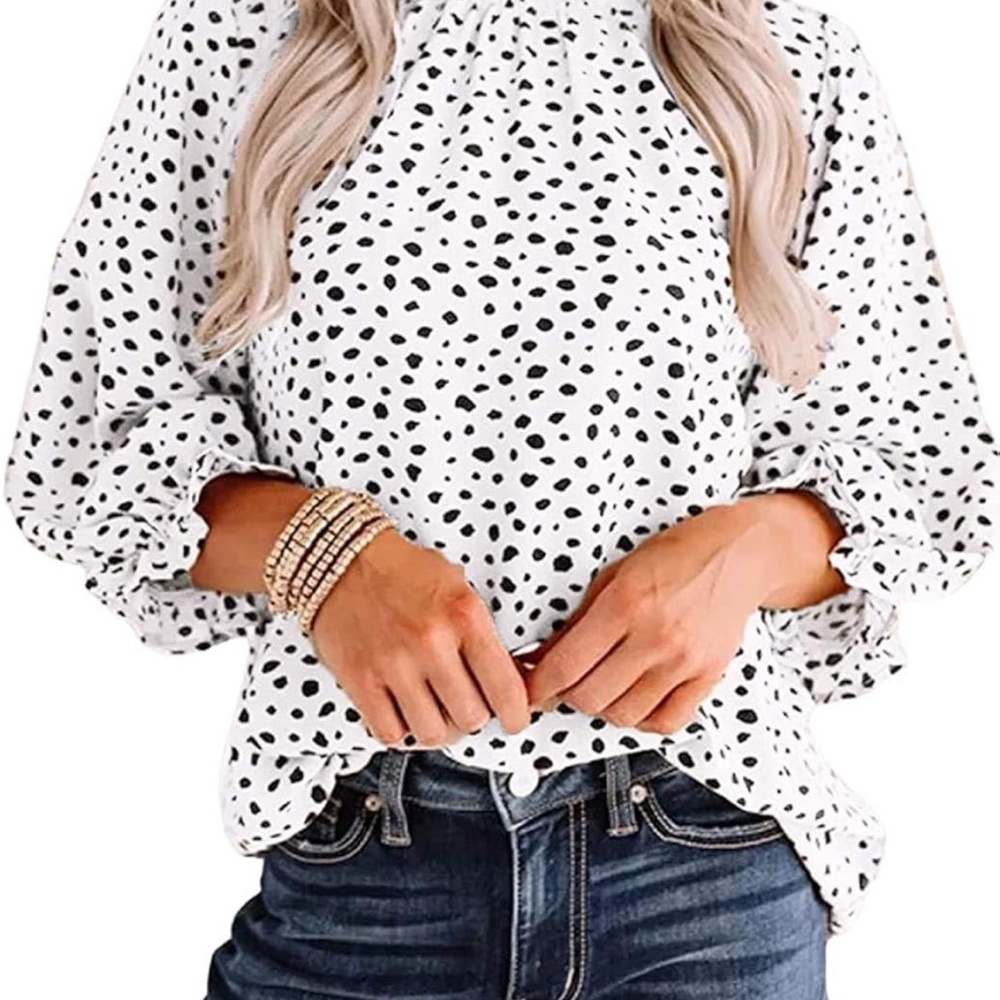 Ananova Blouse Shirt Polka Dot Long Sleeve Ruffled Mock Neck Black White XL